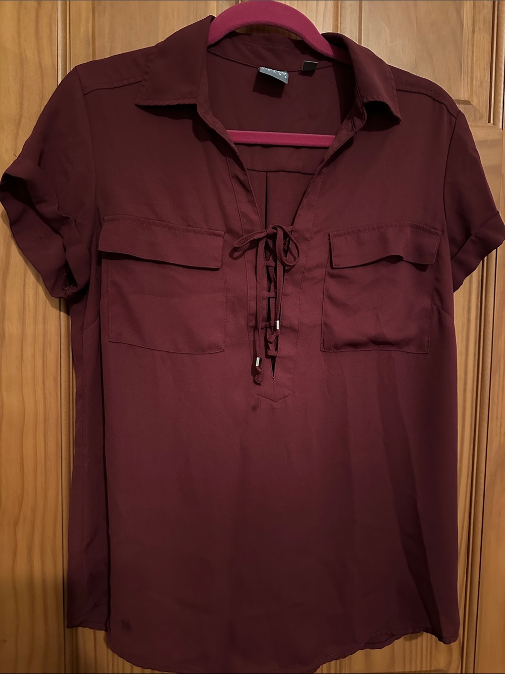 Soho Burgundy Tie-Front Short Sleeve Blouse